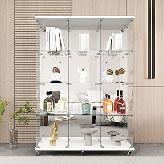 FANYUSHOW Glass Display Cabinet with 12 Shelves, Mirrored Back, 3 Columns and Lock, Extra Large DIY Curio Cabinets Quick-Install Style 5mm Tempered Glass Bookshelf for Living Room, Bedroom, White