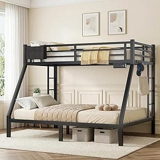 - Twin Over Full Bunk Bed Frame, Heavy Duty Metal Loft Bed for Adults/Teens, 250/350LB Capacity w/Ladder & Guardrail, Noise-Free Steel Slats, No Box Spring Required, Black