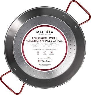 Machika13 inch Carbon Steel Paella Pan, 34cm Polished Steel Large Skillet From Spain, Great for Paella Parties Indoors, Outdoors, Camping & More, Imported Spanish Paellera, Made by Garcima