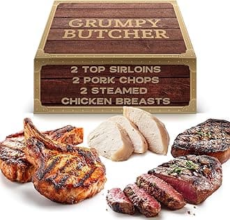 Grumpy Butcher Box Meat Food Gifts – Includes 2 Top Sirloin Steaks (6 oz), 2 Duroc Bone-In Pork Steaks (14 oz) & 2 Large Fully-Cooked Chicken Breasts – Lean Steak & Premium Meat Gift Box