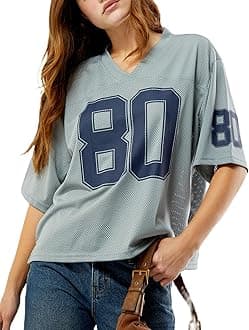 Oversized Jersey Shirts for Women Y2k Number Graphic Print V Neck Short Sleeve Aesthetic Summer T-Shirt Streetwear
