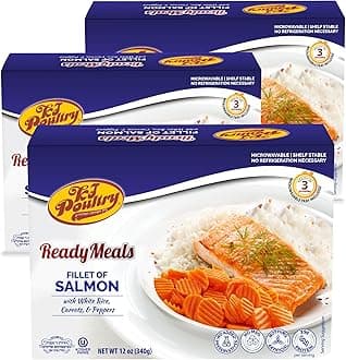 KJ Poultry Kosher Ready Meals - Salmon Fillet Fish, Parve MRE Meal Ready to Eat, Protein Food, Halal, (3 Pack) Prepared Entree Fully Cooked, Shelf Stable Microwave Dinner, Travel, Military, Camping