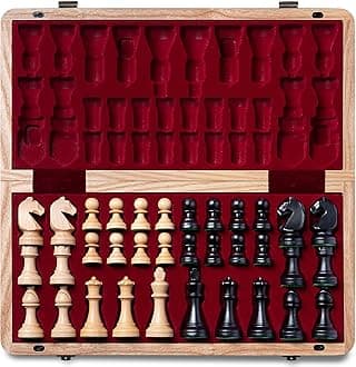A&APremium Natural European Ash Folding Chess Set, w/ 15" Board & 3" King Height Staunton Chess Pieces, Includes 2 Extra Queens and a Storage Bag