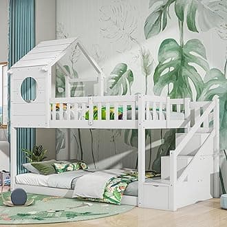 ABIN Wood House Bunk Bed 90 * 190 cm, Cabin Bed Frame, Wooden Bunk Bed Frame with Ladder and storage space (White)