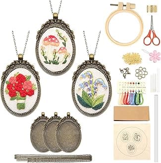 ZOCONE 3 Packs Embroidery Necklace Kit, Embroidery Pendant Kit Mini Cross Stitch Kit with Hoop, Necklace, Pendant, Beads, Stamped Pattern Cloth, Instructions, etc., Embroidery Kit for Adults