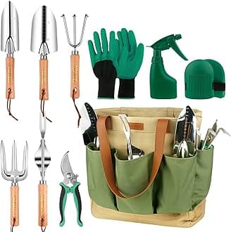 YAUNGEL Gardening Tools Set, Garden Tool Kit with Outdoor Hand Tools, Grass Shears, Garden Gloves, Storage Tote Bag, Garden Tools Set Gifts for Women and Men