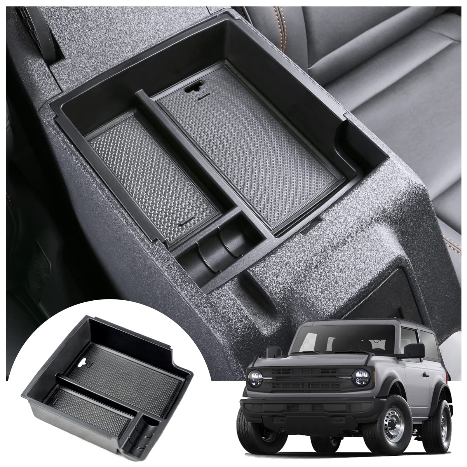 Mabett Center Console Organizer Tray for Ford Bronco Accessories 2024 2023 2022 2021, Armrest Storage Insert Box fit Bronco 2/4 Door with Non-Slip Mat（Not fits 2025 version）