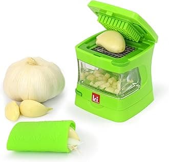 Garlic-A-Peel Garlic Press, Crusher, Cutter, Mincer, and Storage Container - Includes Silicone Garlic Peeler - Easy to Clean - Stainless Steel Blades – (Green)