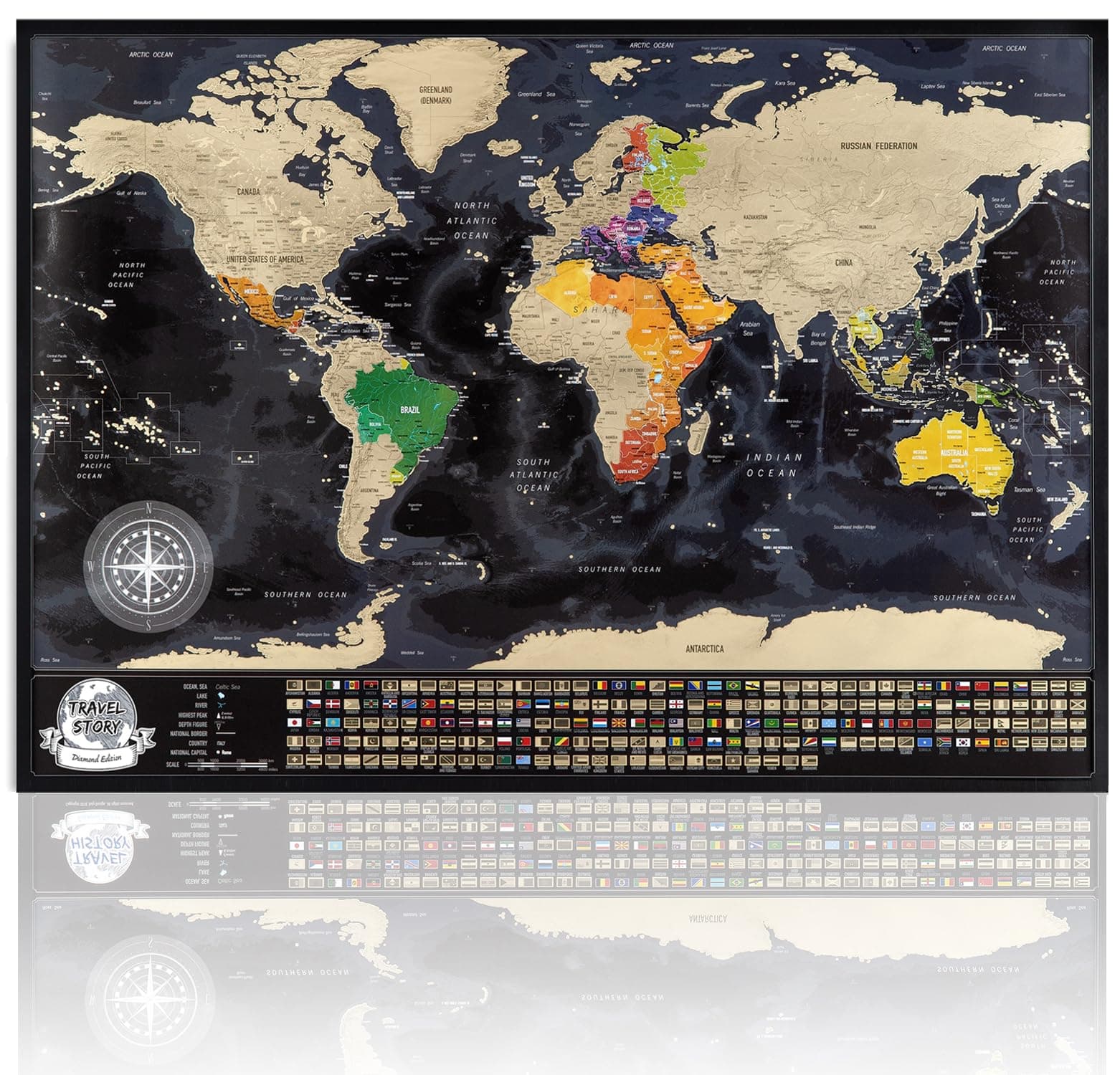 Scratch off World Map - Black Map with Gold Foil, Map size to fit standard Frames, World Map with Country Flags