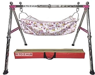 A to Z Hub Baby Boy's and Girl's Portable Folding Special Addition Swing/parna/jhula/totthil Cradle/Ghodiyu/Crib/Bassinet, (Pink)