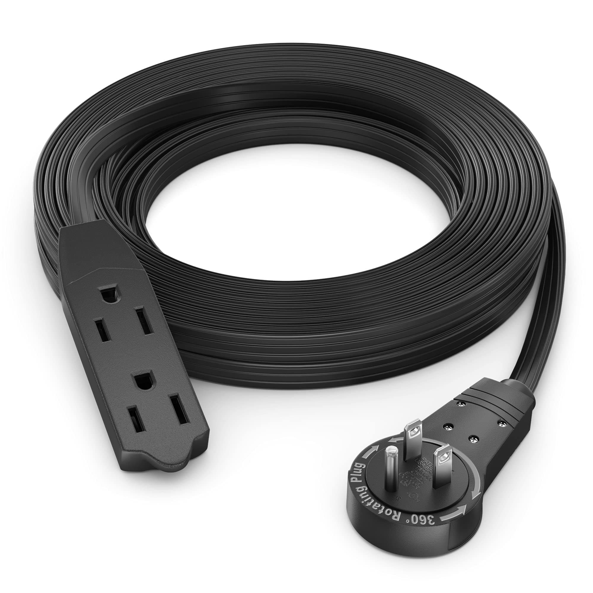 Maximm Cable 15 Ft 360° Rotating Flat Plug Extension Cord/Wire, 16 AWG Multi 3 Outlet Extension Wire, 3 Prong Grounded Wire - Black - UL Certified