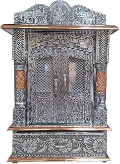 Bit-Chu Wood Pooja Mandir, 20" x 6"x 10", Silver