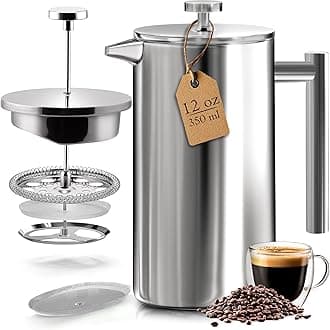 KICHLY 350ml Stainless Steel French Press - Double Wall Coffee Press - Stainless Steel Plunger Coffee & Tea Maker (Silver, 0.35 Ltr, Pack of 1)