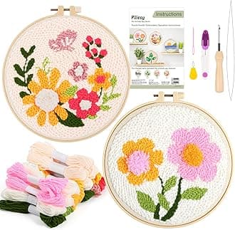 Pllieay 2 Set Punch Needle Embroidery Starter Kits Include Instructions, Punch Needle Fabric with Pattern, Yarns, Embroidery Hoops for Rug-Punch & Pinch Needle