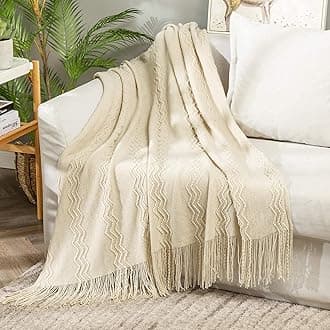 MIULEE Knitted Beige Throw Blanket Soft Sofa Knit Blanket for Couch 50 x 60 Inches, Solid Cozy Lightweight Wave Pattern Decorative Blankets with Tassels for Women, Kids