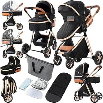 2 in 1 Baby Stroller, Convertible Pram, Reversible Standard Stroller, Portable Baby Buggy, Infant Carriage, Foldable High Landscape Pushchair for Toddler Newborn (225 Black Gold)