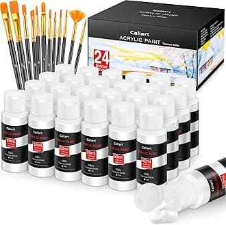 CaliartWhite Acrylic Paint With 12 Brushes, 24 Titanium White Paint (59ml, 2oz) Art Craft for Artists Kids Students Beginners & Painters, Aesthetic Cute Preppy Stuff School Supplies, Canvas Halloween