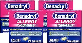 Benadryl Liqui-Gels Antihistamine Allergy Medicine & Cold Relief, Dye Free, 24 ct (Pack of 4)