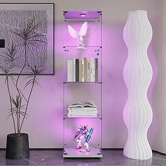 Modern Glass Display Cabinet 4-Shelf with LED Light and Lock, 1 Door Curio Cabinets,Tempered Glass Display Showcase for Living Room Home Office,15.6x13.5x64.5 H,White