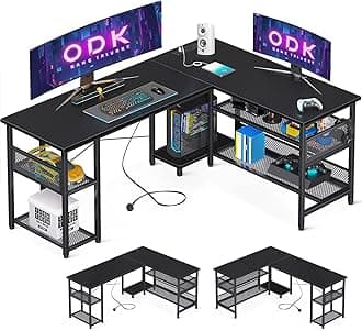 ODK L Shaped Gaming Desk, 150 X 102 cm Reversible Computer Desk with 2 Sockets and 2 USB Charging Ports, Corner Desks with Storage, Gaming Table Carbon Fiber Black