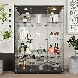 Beauty4U Glass Display Cabinet with LED Lights and Mirror, Extra Large 3 Columns 2 Doors Curio Cabinets with 12 Shelves for Living Room, Bedroom, Office, Black Floor Standing Bookshelf