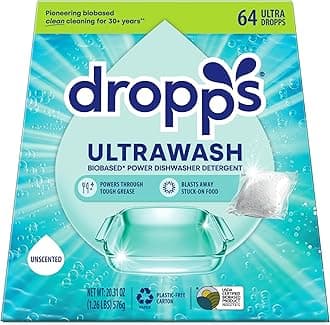 - Dropps UltraWash Dishwasher Detergent Pods, Unscented (64 Ct) - Free & Clear | Cuts Grease & Stuck-On Food | Sparkling Dishes & Glasses | Residue-Free | Clean Ingredients | Plastic Free Packaging