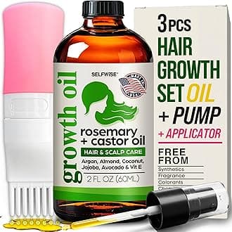Organic Rosemary Oil For Hair Growth + Applicator with Castor, Argan, Coconut, Almond, Jojoba, Avocado, Vitamin E & Peppermint for Hair & Scalp Treatment, All Hair Types, Men & Women 2oz