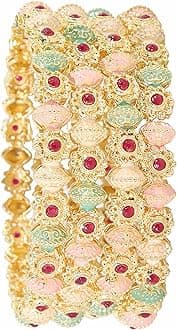 ZULKA Latest Gold Plated Metal with Red Zircon Diamond Bangles Set For Girls & Women | Premium Women Kangan | Girl's Bangles Bracelet | Metal Kada For Women- Set of 4