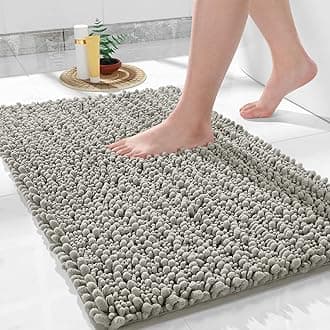 Yimobra Bathroom Rugs Non Slip Washable - Ultra Soft Absorbent Chenille Bath Mat, Quick Dry Shaggy Floor Carpet for Tub Shower, Sand Home Decor Accessories, 24x17 Inch