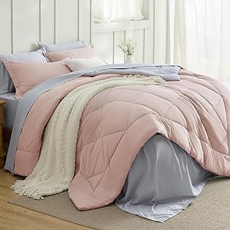 Queen Comforter Set - 7 Pieces Reversible Blush Pink Bedding, Queen Size Bed Set for All Seasons, Bed in a Bag with Down Alternative Comforter, Sheets, Pillowcases & Shams