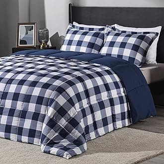 Lightweight Plaid Comforter Set (Queen) with 2 Pillow Shams - 3-Piece Set - Blue/White Plaid - Down Alternative Reversible Comforter