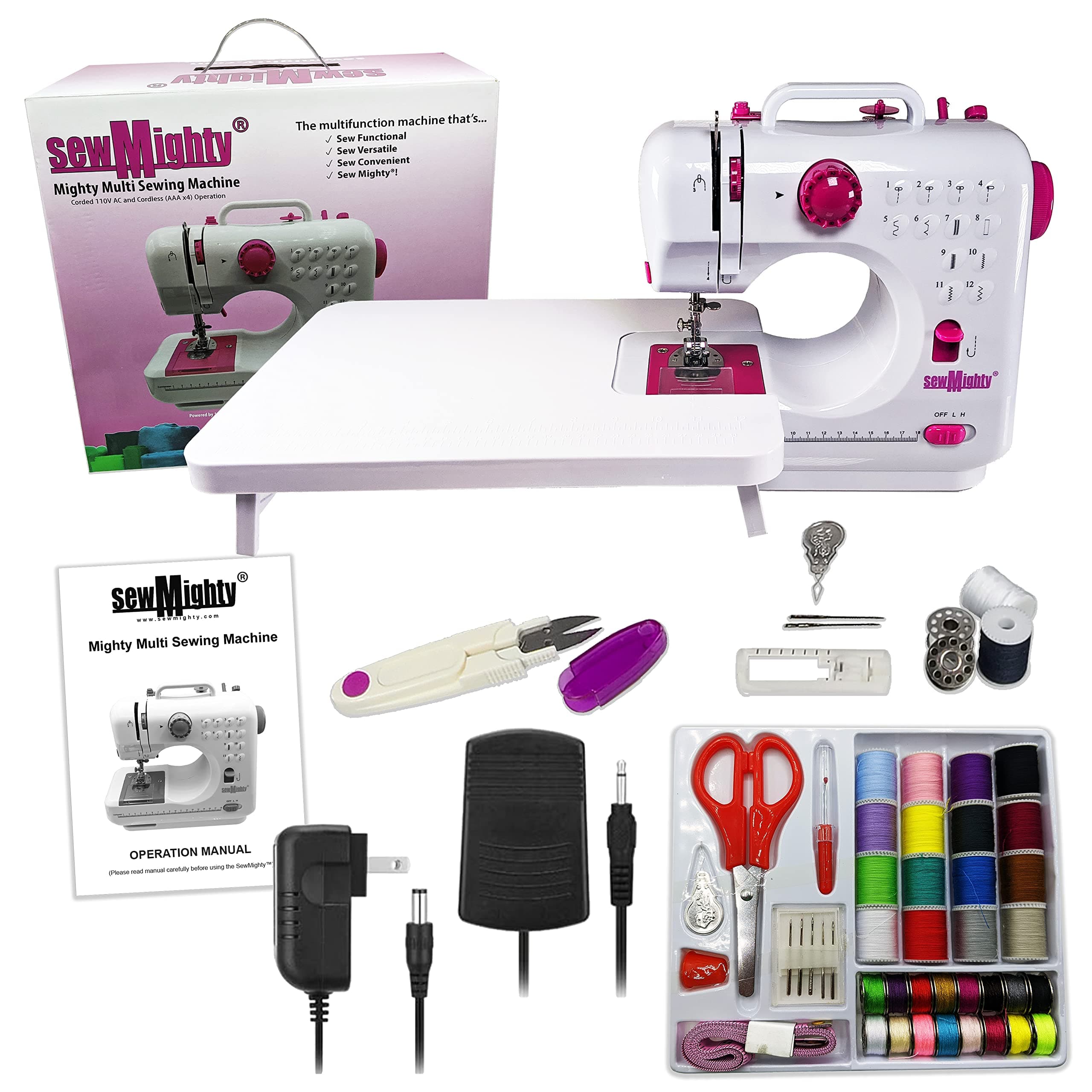 Sew Mighty, Mighty Multi Sewing Machine - Multifunction Machine with 12 Programmed Stitches, Dual Speed, Forward & Reverse, Battery & AC Power, Foot Pedal, Extension Table and Sewing Kit
