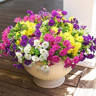 HyeFlora Artificial Flowers for Outdoors Fake Plants Outside Decoration, 12 Bundles Silk Colorful Morning Glory with Eucalyptus UV Resistant Realistic Faux Flowers for Planter Front Door Garden Yard