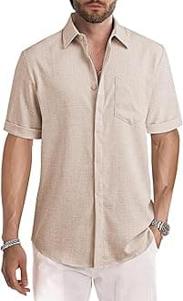 JMIERR Mens Linen Summer Beach Short Sleeves Casual Button Down Shirts for Man Vacation Tropical Resort Light Shirt with Pockets, M, Parchment