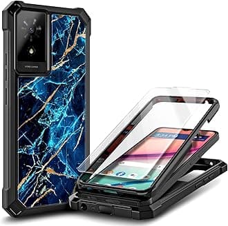 Compatible with TCL K24 & K23 & TCL 50 LE Phone Case Marble Sapphire | Full-Body Protective Shockproof Rugged Bumper Cover with Screen Protector, Raised Corners Drop Protection
