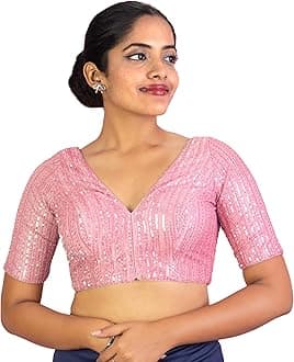 FIGURE'S DESIGNER Women's Sequin V Neck Elbow Half Sleeve Readymade Saree Blouse E1