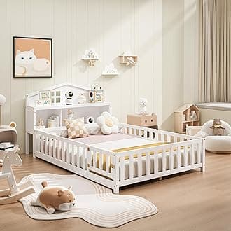 Bellemave Full Size Floor Bed for Kids, Girls, Boys, Solid Wood Montessori Bed with Storage headboard, Full Size Montessori Floor Bed with Door, Kids Floor Bed with Storage, White