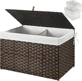 GREENSTELL Storage Basket with Lid, 17.2 Gallon(65L) Small Wicker Blanket Storage Basket with Handles, Foldable, 2 Removable Liner Bags, Metal Frame, for Bedroom, Laundry Room, Brown,22.2"*13.4"*13.4"