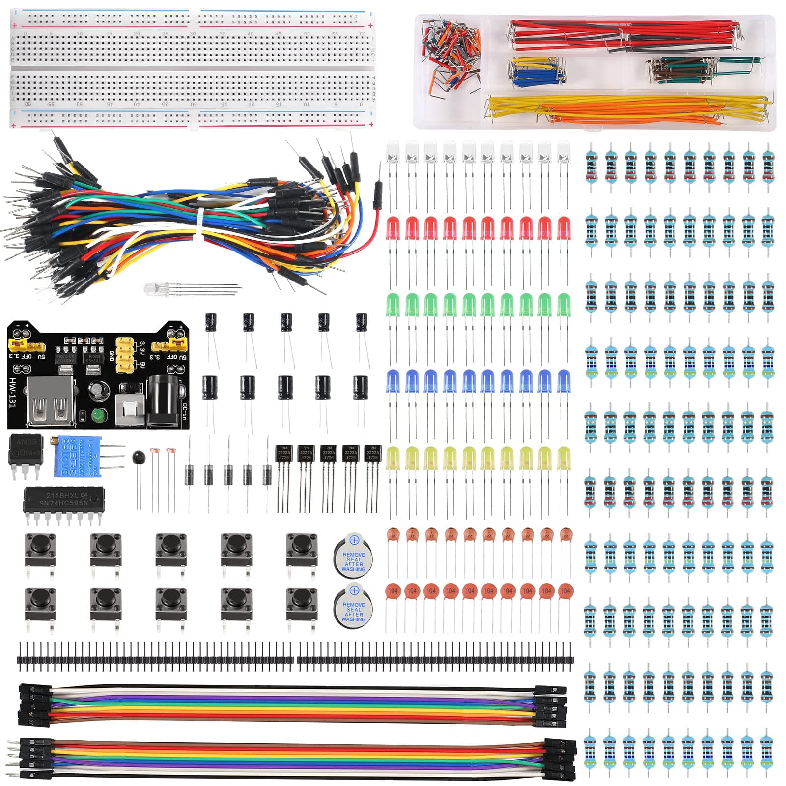 480pcs 37 Values Electronics Component Fun Kit with Power Supply Module, Jumper Wire, 830 tie-Points Breadboard, Precision Potentiometer, Resistor