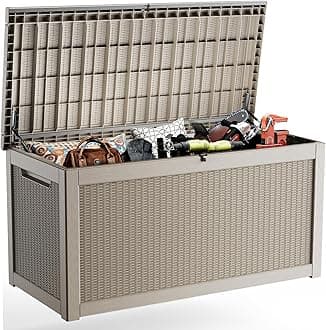 ROJIK Outdoor Storage Housing Deck Box,Waterproof Patio Furniture, Garden Tools, Cushions, Pool Accessories Storage Bench with Lockable Lid and Side Handles (Grey,320 Gallon)