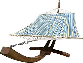 14 Ft. Water Treated Wooden Arc Hammock Stand + Premium Quilted, Double Padded Hammock Bed. 2 Person Bed.450 LB Capacity(Teak Stain/Teal & Yellow Stripe)