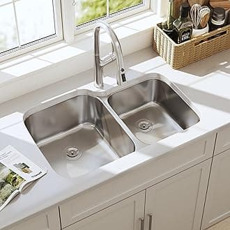 32 Inch Undermount Double Bowl 60/40 Kitchen Sink 18 Gauge Stainless Steel Curved Shape Brushed Nickel Sink 32" x 20" x 9"