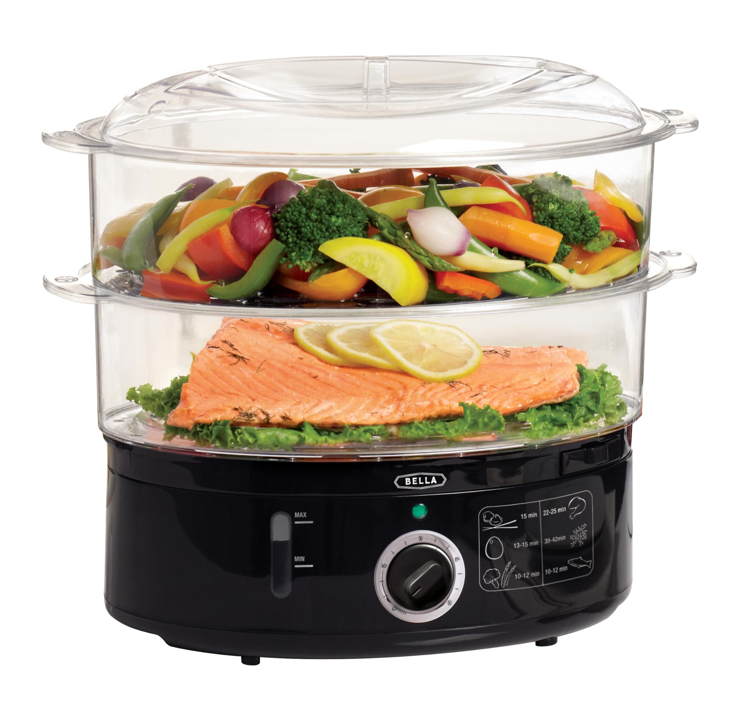 Two Tier Food Steamer with Stackable Baskets & Removable Base for Fast Simultaneous Cooking - Auto Shutoff & Boil Dry Protection, 7.4 QT, Black