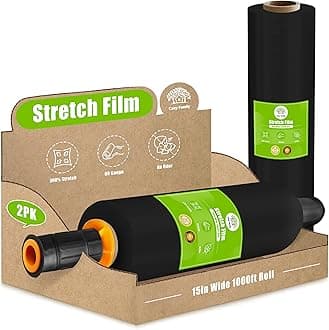 Plastic Wrap Stretch Film Roll - 1000ft 60 Gauge Industrial Strength 15 inch Wide Plastic Wrap Roll with Handles for Pallet Wrapping Shipping Moving - Black, Pack of 2