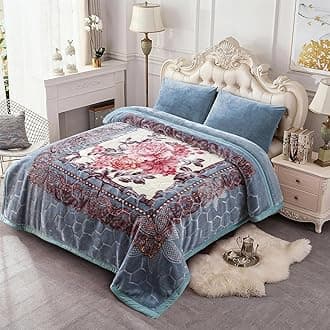 JML Korean Style Mink Blanket King Size 85" x93", 10 Pounds Plush Fleece Blanket, 2 Ply A&B Printed, Silky Soft and Warm Raschel Bed Blanket for Winter (Grey-Blue Peony)