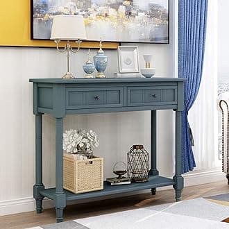 Merax Narrow Console Sofa Table with Drawers and Long Shelf for Living Room, Entryway/Hallway, Retro Navy