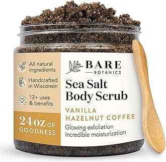 Bare Botanics Vanilla Hazelnut Coffee Body Scrub 24 oz - Naturally Scented Sea Salt Scrub Made in Madison, WI - Formulated w/Skin Loving Moisturizers - Vegan, Cruelty Free w/a Cute Wooden Spoon