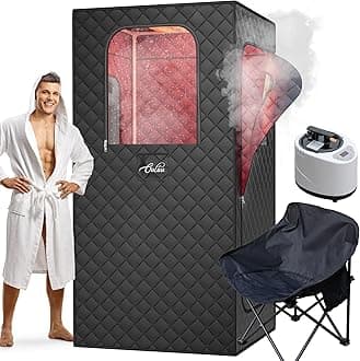 ouluu Portable Sauna for Home with Red Light, Sauna Box with 2.6L Steamer, Personal Sauna with Big Sauna Chair, Remote Control, Oxford Fabric, 2.6’ x 2.6’ x 5.9’, Black, 1000W
