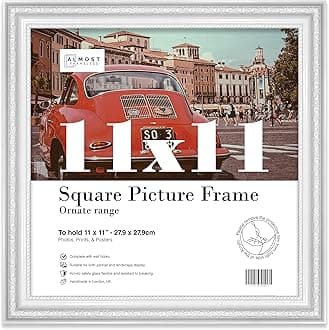 11x11 White Ornate Picture Frame 11"x11"(27.9x27.9cm) Poster, Photo, Artwork, or Print. Opulent Style Portrait and Landscape Display with Wall Hooks