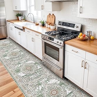 Hallway Washable Extra Long Runners: Distressed Water-Resistant Runner Rug for Kitchen Entryway Vintage Soft Anti-Slip Backing Floor Mat for Living Room Bedroom Dining Room(Green/Ivroy, 3x14)